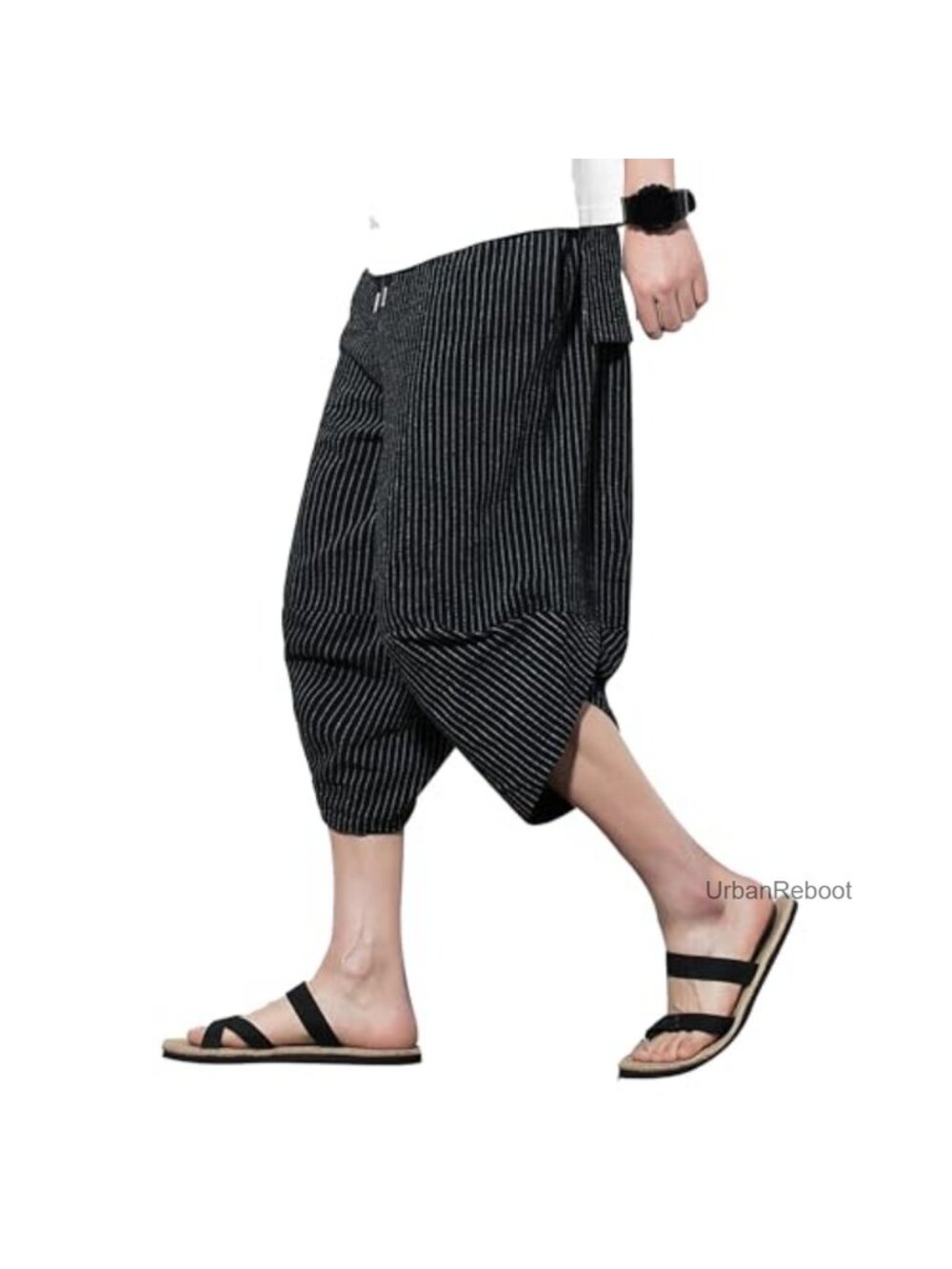 Men's Harem Capri Pants Wide Leg Casual Cotton Linen Drawstring Lightweight